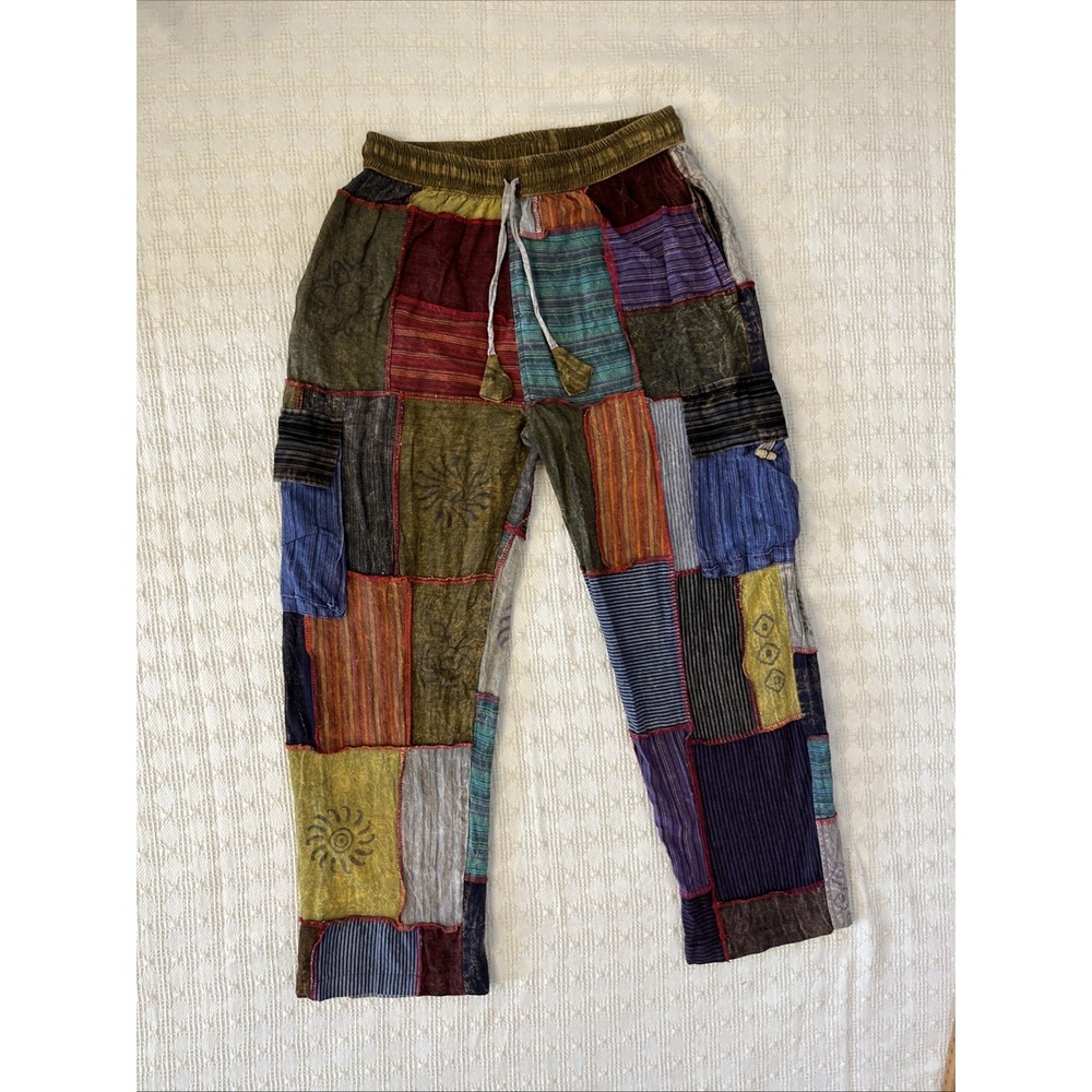 Patchwork S Cargo Pull On Pants Boho Festival Life 100 % Cotton Hippie Natural B